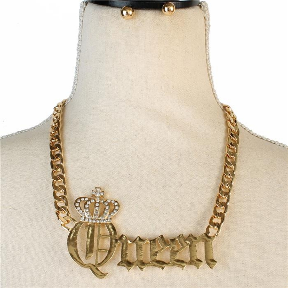 Gold QUEEN Word Pendant Statement Necklace Jewelry Set Rhinestone Crystal Crown